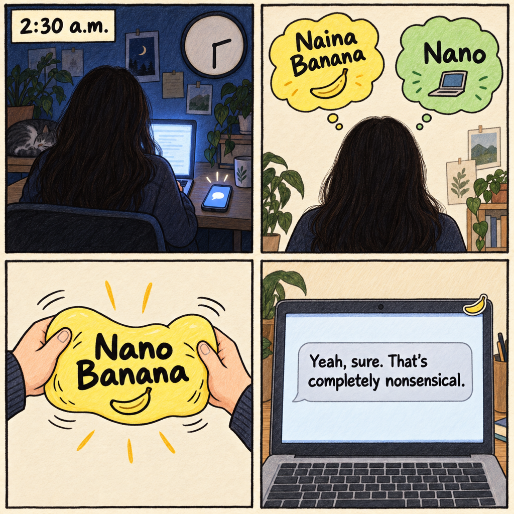 A four-panel comic. At 2:30 a.m. a woman with long dark hair, seen from behind, works at a laptop while her phone lights up with a message. Two thought bubbles float above her, one reading Naina Banana and one reading Nano. A pair of hands squishes them into one yellow badge reading Nano Banana. A laptop screen shows the reply: Yeah, sure. That’s completely nonsensical.