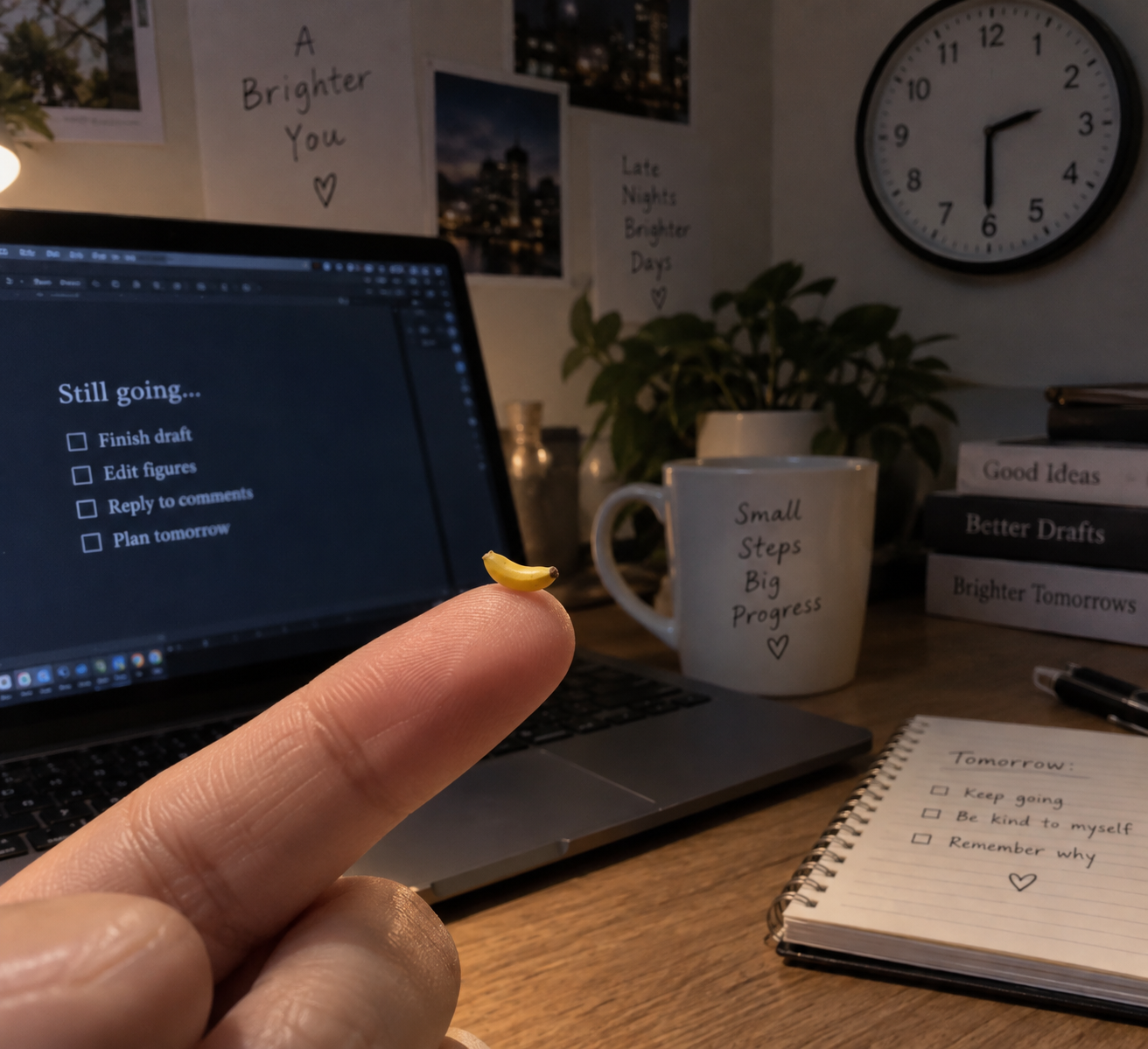 A photo-like picture made by AI. A tiny yellow banana, much smaller than a fingernail, balances on the tip of a finger in front of a glowing laptop on a desk at night. A wall clock behind reads 2:30. Around the desk are a mug, a notebook, a stack of books and notes pinned to the wall, all with short handwritten slogans.