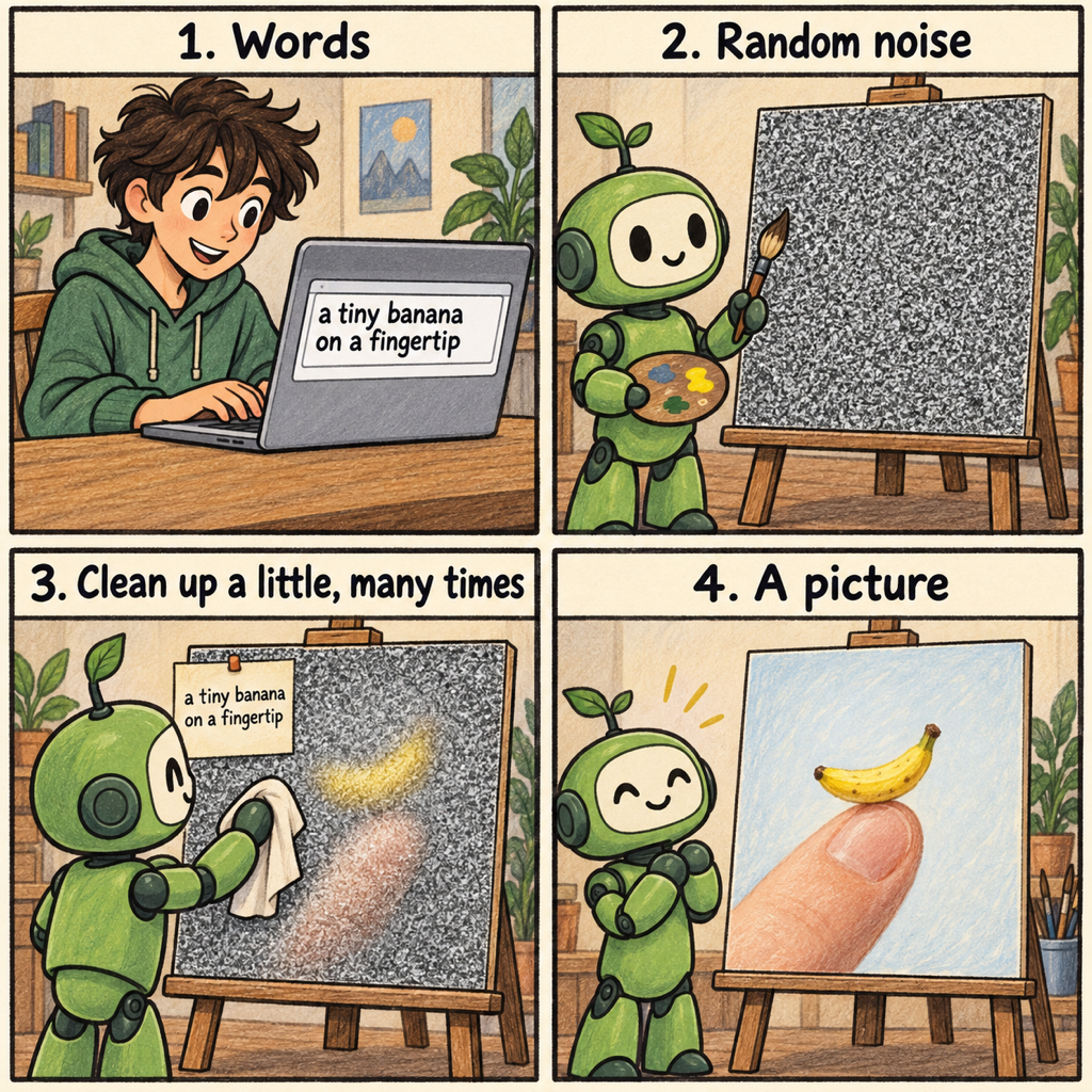 A four-panel comic. 1. Words: a teenager types the words a tiny banana on a fingertip into a laptop. 2. Random noise: a small green robot painter stands beside a canvas covered in grey TV static. 3. Clean up a little, many times: the robot wipes the static with a cloth, and a blurry yellow banana and fingertip begin to show. 4. A picture: the canvas shows a clear banana resting on a fingertip.