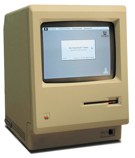 The original Macintosh 128K, with its screen above a horizontal disk slot and a recessed lower section.