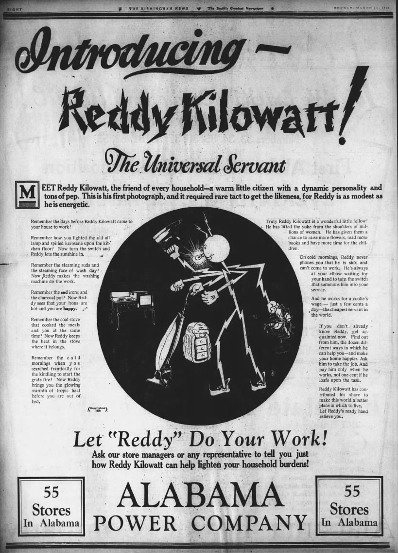 Alabama Power’s 1926 newspaper advertisement introducing an early five-armed Reddy Kilowatt doing household chores.