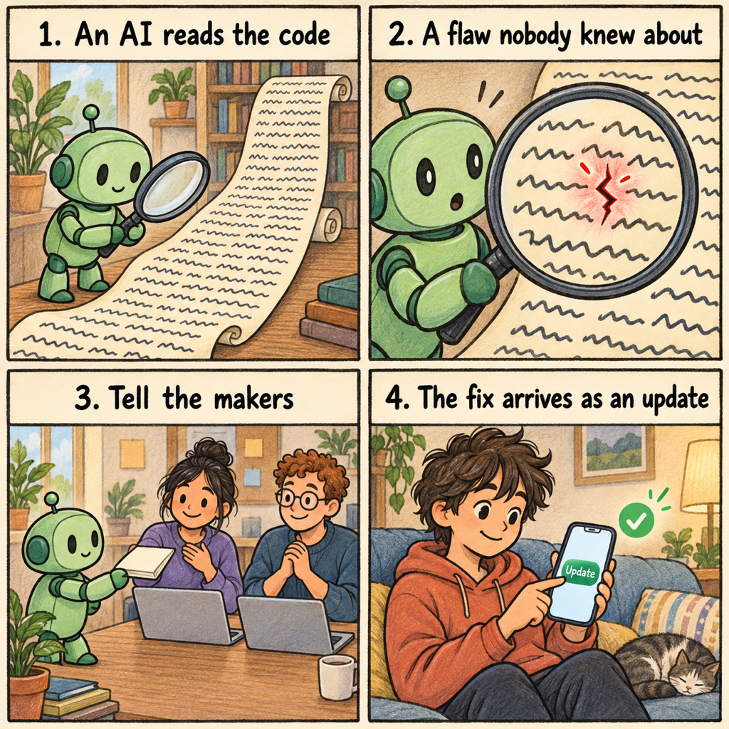 A four-panel comic. A small green robot holds a magnifying glass over a long scroll of scribbled code, under the caption, 1. An AI reads the code. Under the magnifying glass, one spot on the scroll glows red with a crack, under the caption, 2. A flaw nobody knew about. The robot hands a folded report to two software makers at a desk, under the caption, 3. Tell the makers. A teenager on a sofa taps a button reading Update on a phone, under the caption, 4. The fix arrives as an update.