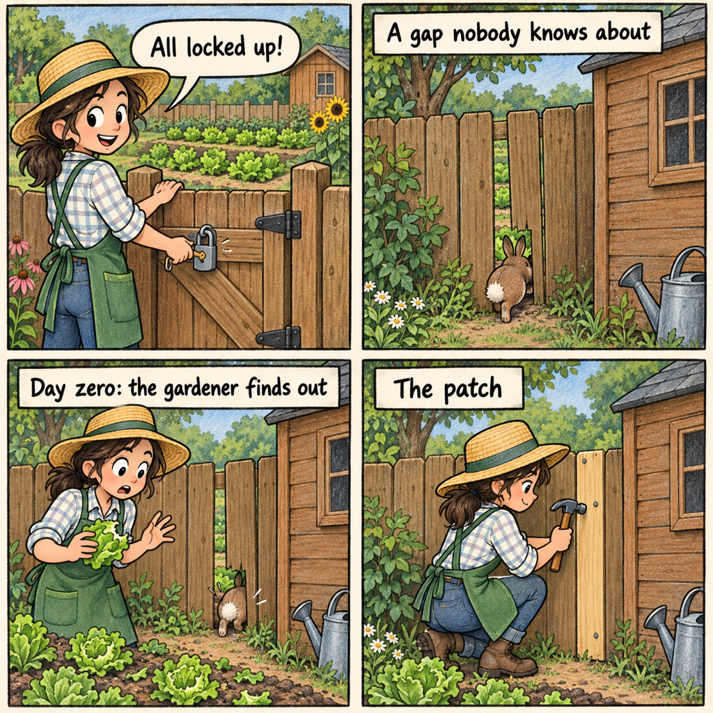 A four-panel comic. A gardener locks the garden gate with a padlock and says, All locked up! Behind the shed, a rabbit squeezes through a gap where a fence board is missing, under the caption, A gap nobody knows about. The gardener finds the gap, holding a lettuce, as the rabbit’s tail disappears through it, under the caption, Day zero: the gardener finds out. The gardener hammers a new board over the gap, under the caption, The patch.