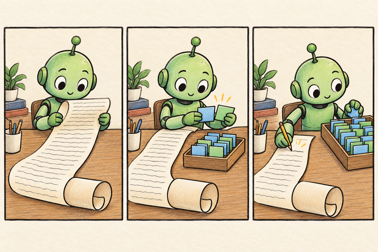 A wordless three-panel comic. A green robot reads a long conversation scroll, files blue and green cards in pairs, then checks a fuller card tray while adding to the scroll.