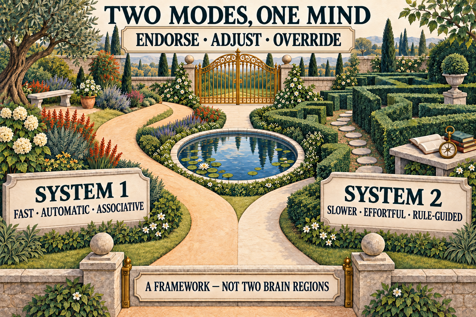 An illustrated botanical garden titled Two Modes, One Mind. A broad flowing path labelled System 1, fast, automatic and associative, and a stepping-stone path labelled System 2, slower, effortful and rule-guided, curve through one connected garden and meet at a gate beneath the words endorse, adjust and override. A lower plaque says the idea is a framework, not two brain regions.