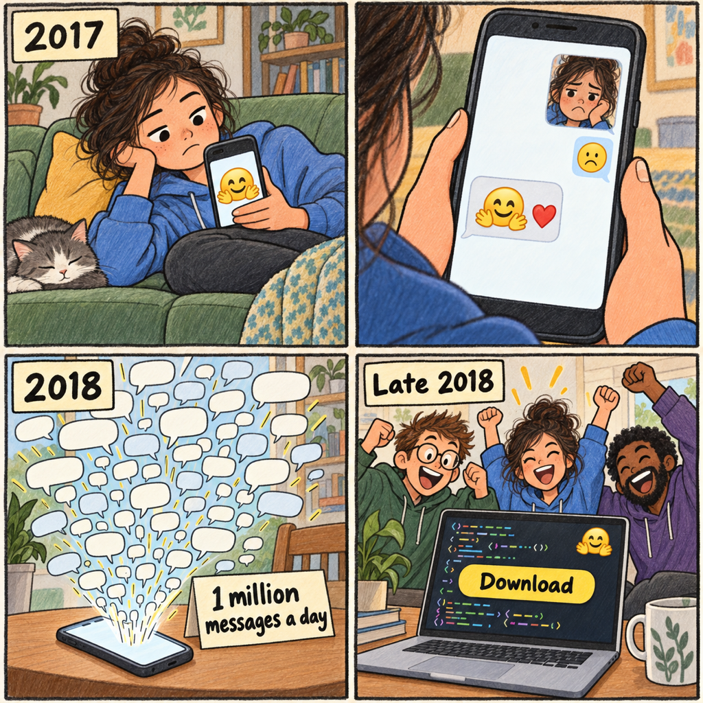 A four-panel comic. 2017: a bored teenager slumps on a sofa holding a phone that shows one big yellow smiling face with two open hands. Next, a close-up of the chat: the teenager sends a selfie and a sad face, and the bot replies with the hugging face and a heart. 2018: chat bubbles spray out of the phone beside a sign reading 1 million messages a day. Late 2018: three people cheer around a laptop showing code, the same yellow face and a Download button.