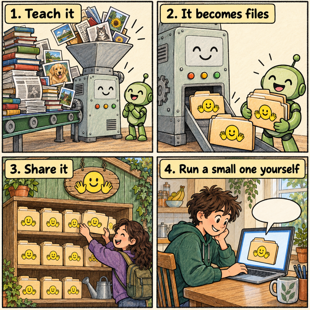 A four-panel comic. 1. Teach it: a conveyor belt feeds books, newspapers and photographs into a big machine while a small green robot watches. 2. It becomes files: two or three fat paper folders, each with a yellow hugging face sticker, slide out of the machine into the robot's arms. 3. Share it: rows of identical folders stand on a wooden shelf under a round sign painted with the same yellow face, and someone lifts one down. 4. Run a small one yourself: a teenager grins at a laptop screen showing the same folder, with a speech bubble rising from it.
