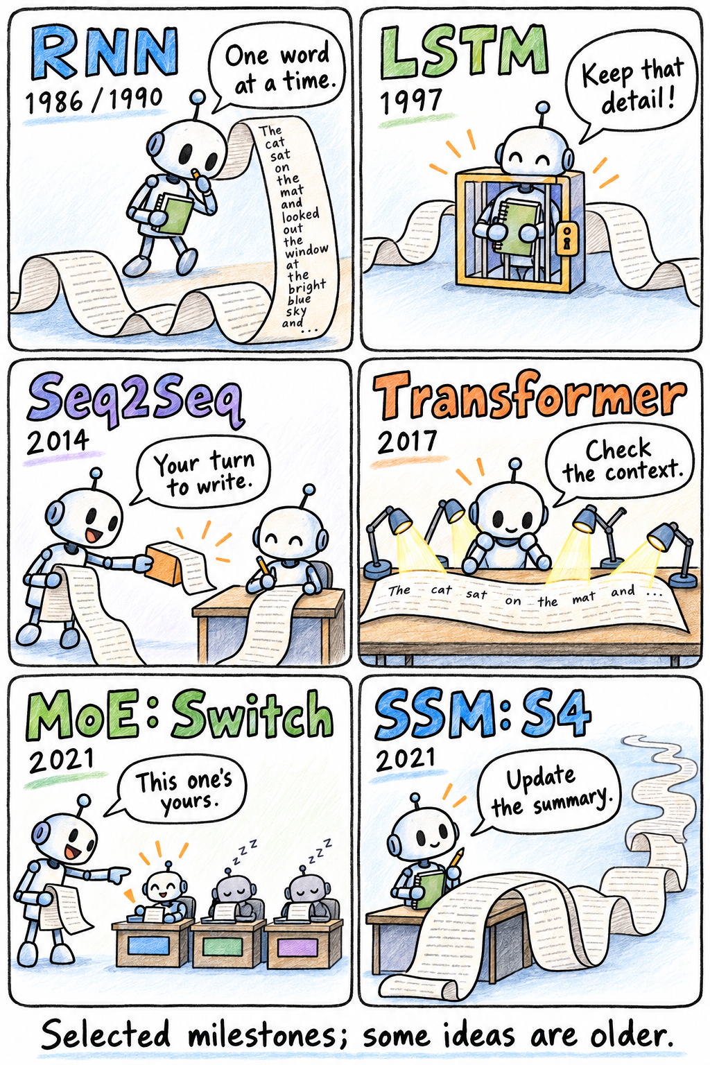 Six comic panels show RNN carrying a scratchpad, LSTM protecting memory, Seq2Seq passing a representation, Transformer checking context, MoE assigning work, and S4 updating a summary.