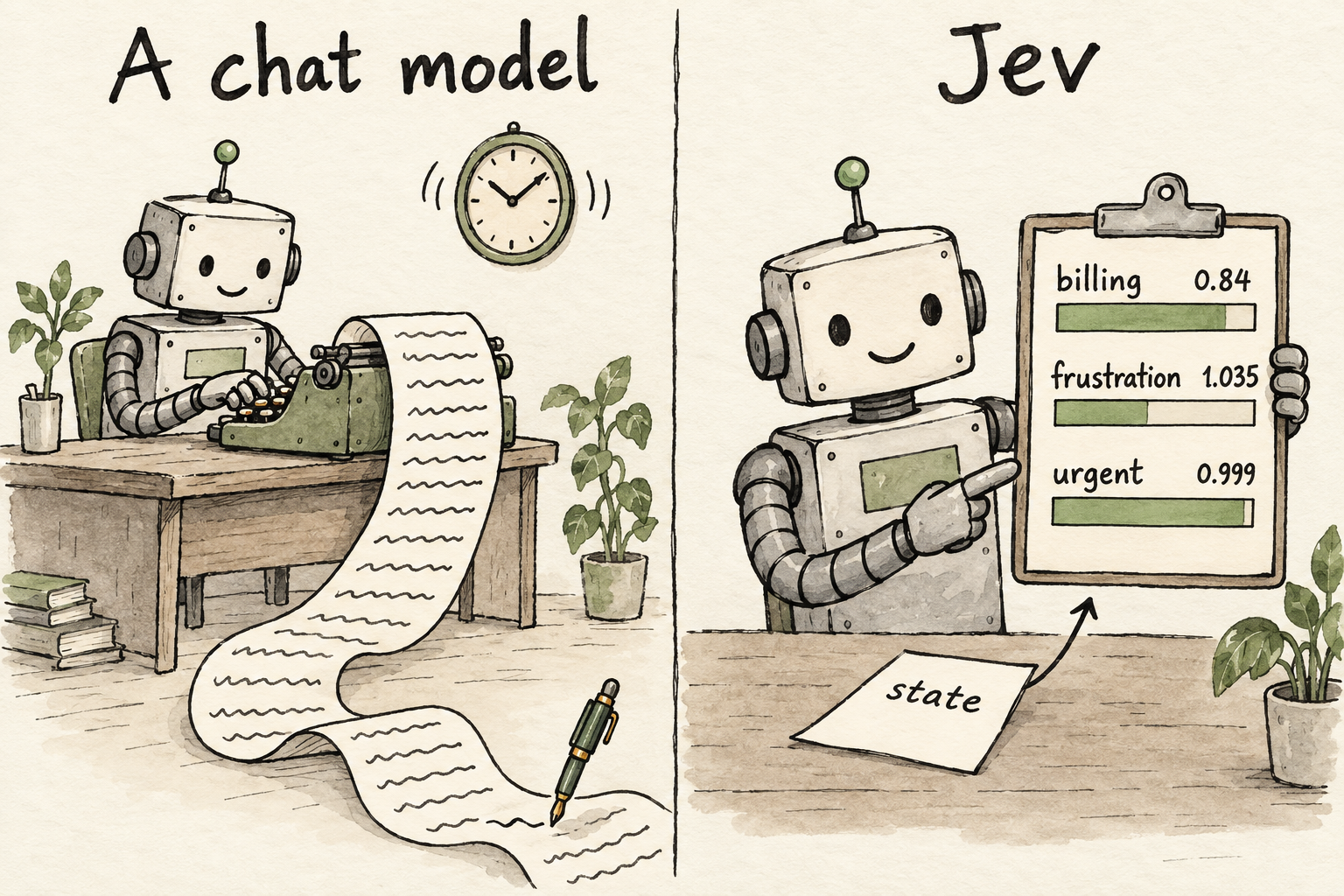 A hand-drawn sketch in two panels. On the left, a robot at a typewriter under a ticking clock produces a long scroll of squiggled text. On the right, a robot holds a clipboard with three rows, billing 0.84, frustration 1.035 and urgent 0.999, and an arrow points from a sheet labelled state to the clipboard.