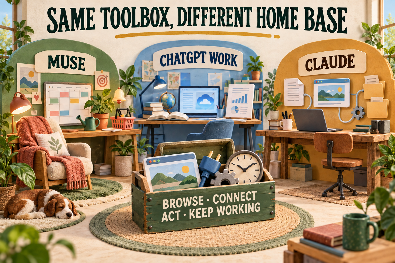 An illustrated shared workshop gives Muse, ChatGPT Work and Claude different work areas around one communal toolbox of agent capabilities.
