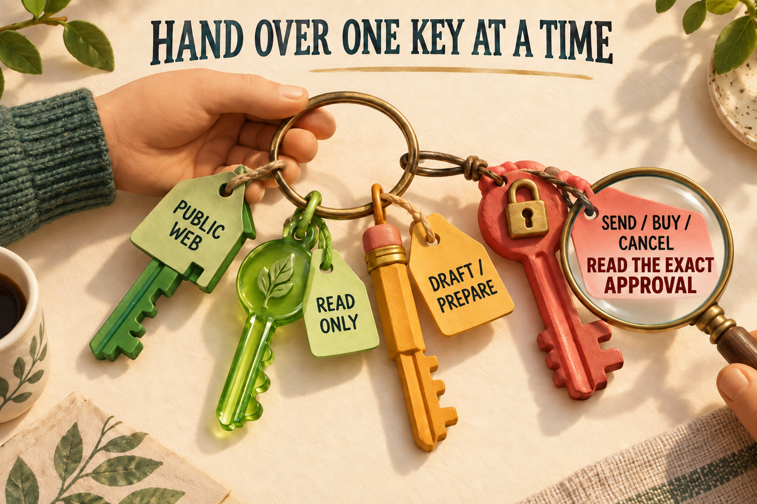 A hand offers four increasingly consequential keys labelled public web, read only, draft or prepare, and send, buy or cancel.
