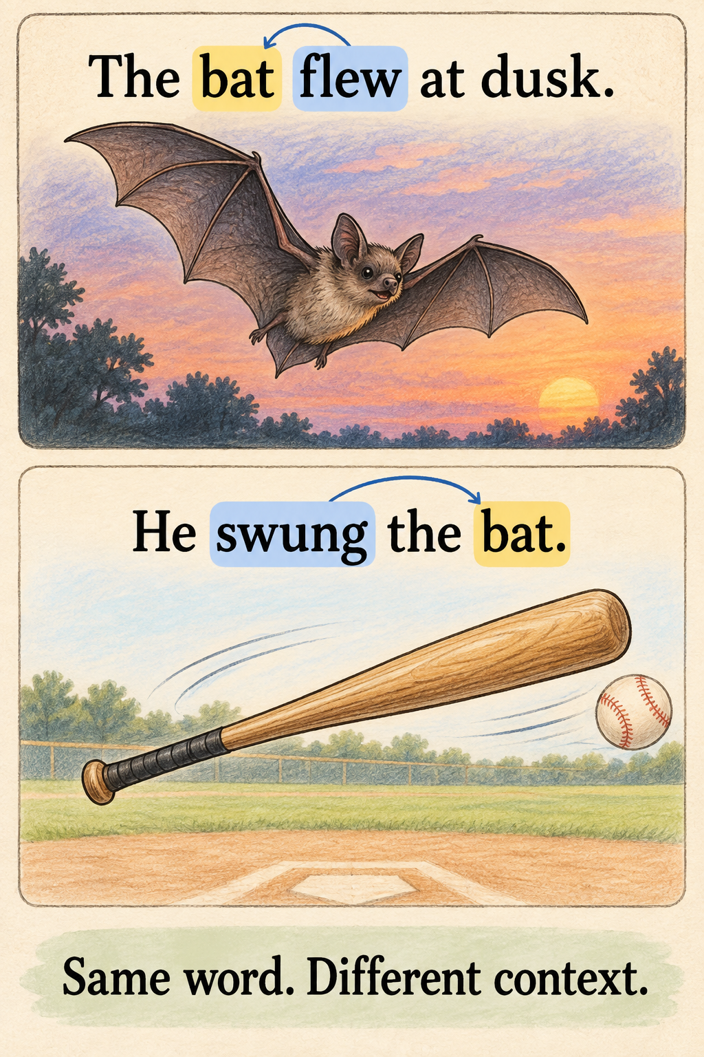 The word ‘bat’ in two sentences: one shows an animal flying at dusk, the other a baseball bat being swung; arrows connect different clue words to ‘bat’.