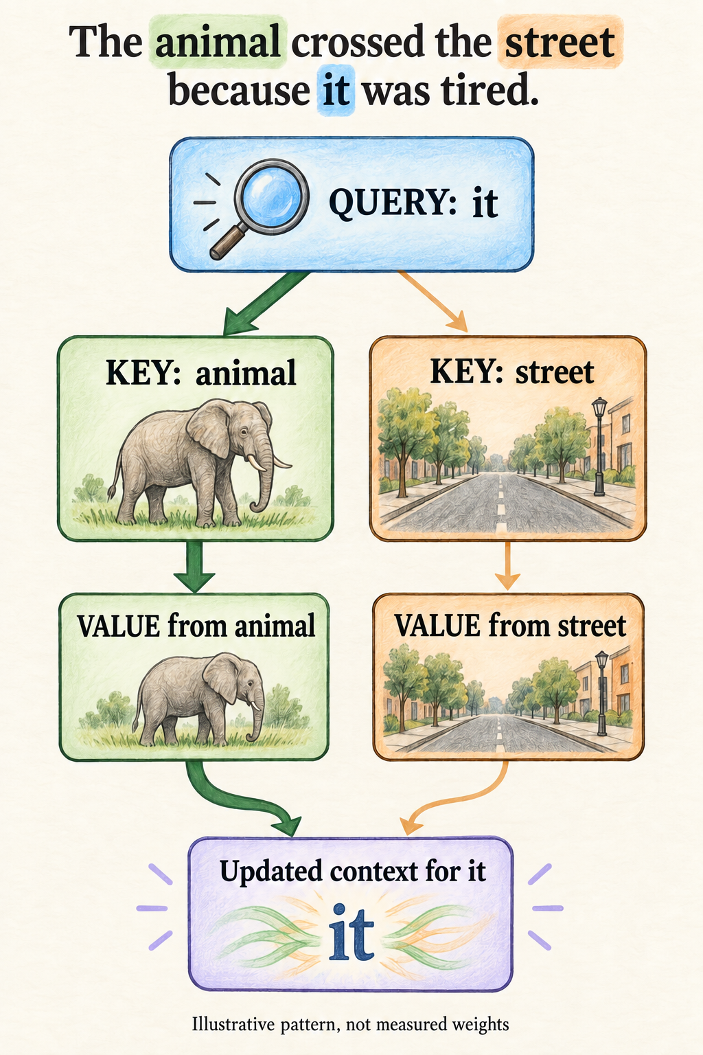 A worked attention example for ‘The animal crossed the street because it was tired’: the query for ‘it’ compares with keys from ‘animal’ and ‘street’, and their values feed a weighted mixture for ‘it’.