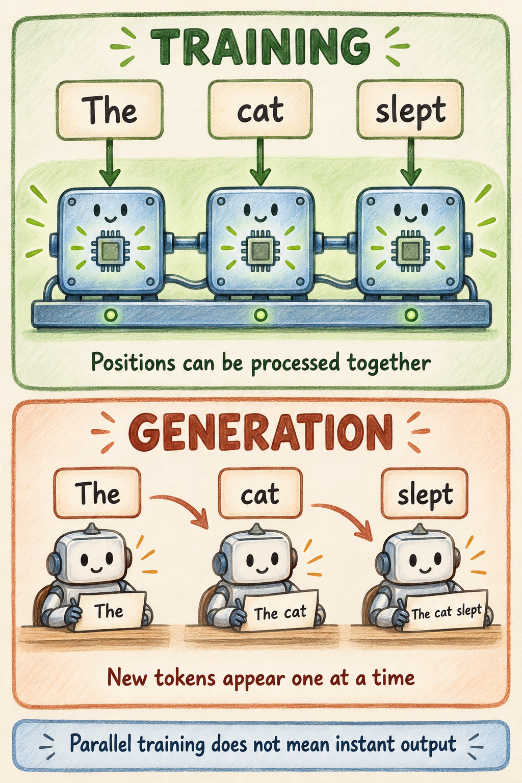 Training and generation compared: positions in a known sequence are processed together, while a growing output gains one token at a time.