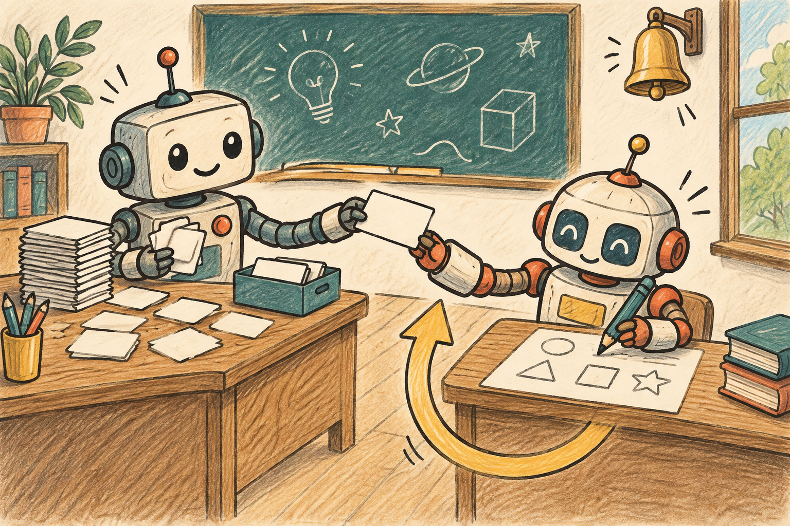 Comic illustration of one robot passing a blank instruction card to another robot solving a worksheet, with a curved arrow showing feedback.