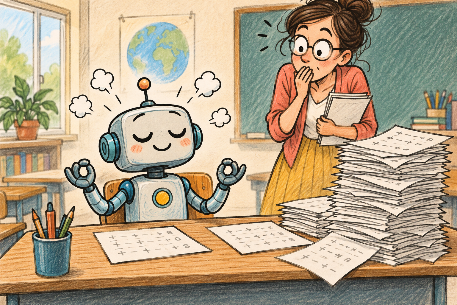 Comic illustration of a small robot calmly sitting with a stack of maths worksheets while a teacher looks surprised.